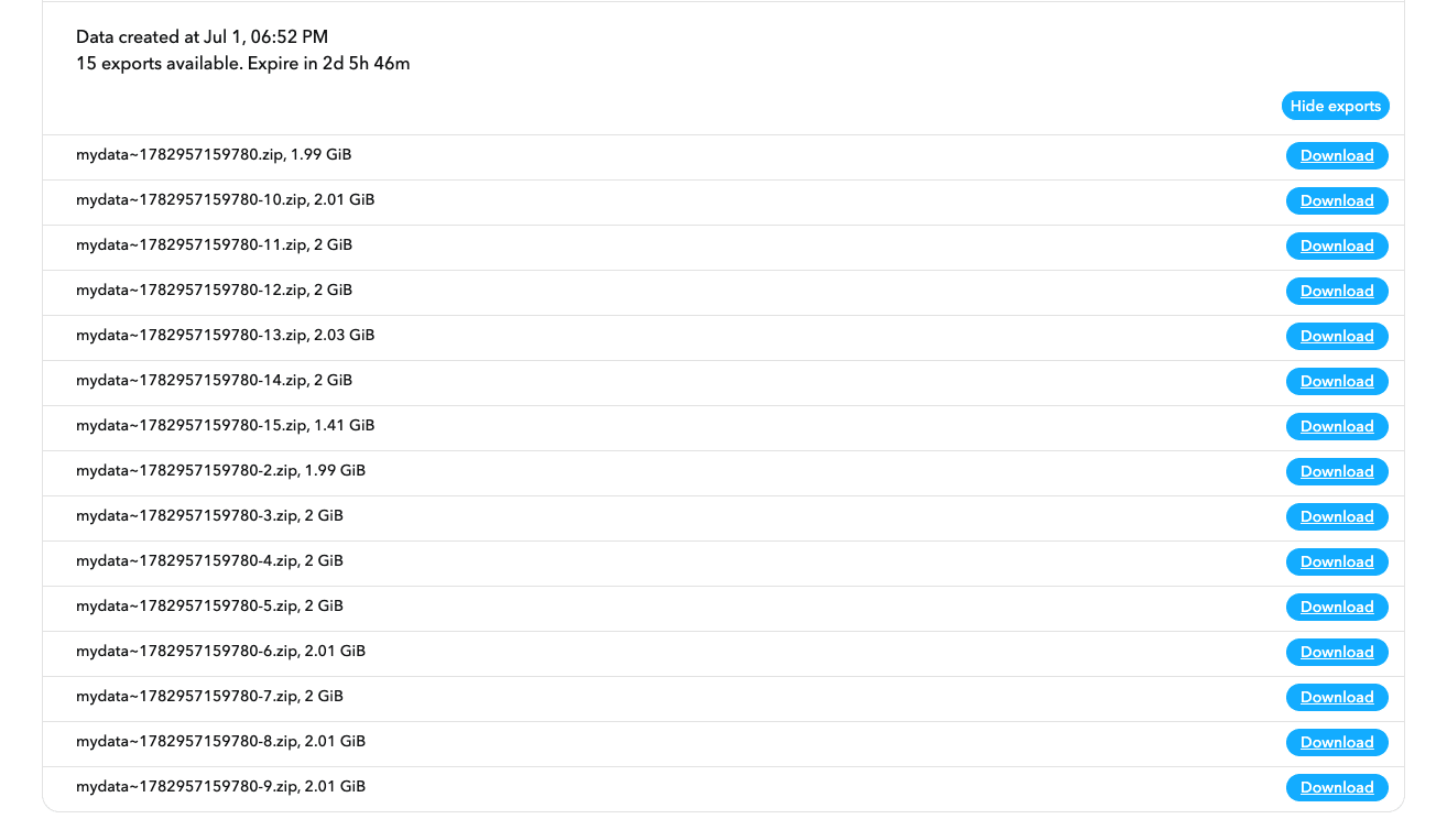 Snapchat exports list with a Download button next to each mydata ZIP file part