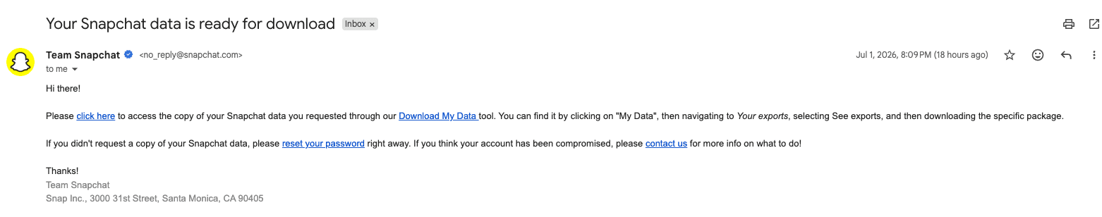 Snapchat email saying your Snapchat data is ready for download, with a link to the Download My Data tool